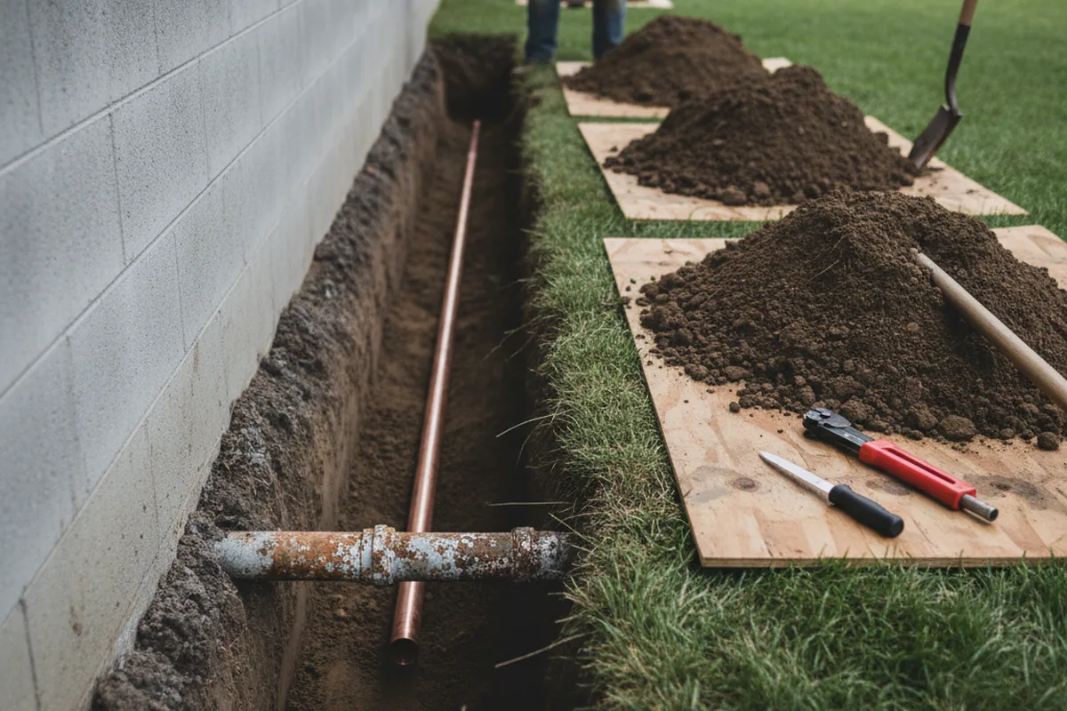 Excavated water line trench during Sewer Line Repair in Warrensburg